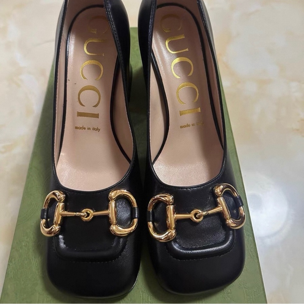 Gucci Black Leather Heels with Gold Accents